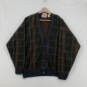 Vintage Sears Sweater Mens Large Green Gray Plaid Wool Blend Italy Button Up 80s